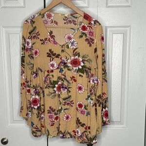 Kori Ladies Medium 20" p2p Floral Print Women's Top 100% Rayon Golden Yellow EUC